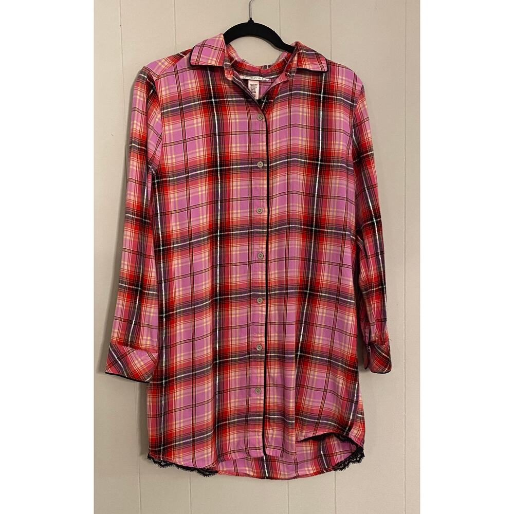 Victoria's Secret Pink Flannel‎ Sparkle Sleep Shirt Dress Black Lace Trim Small